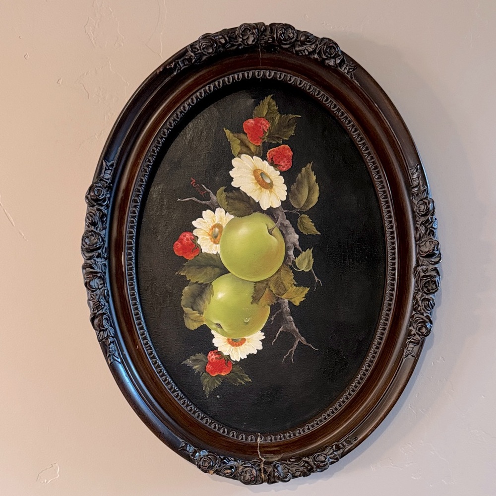 Vintage Ornate Oval Framed Original Oil Painting Apple Strawberry Fruit Floral